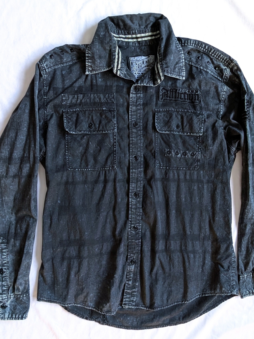 Affliction XL Distressed Long Sleeve Button-Up Shirt Embroidered